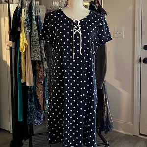 Tommy Hilfiger Navy and White Polka-dot Dress White Corded Tie Detail Size Large